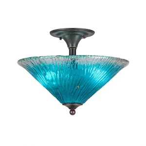 Bristol 11.75 in. 2-Light Dark Granite Semi-Flush with 16 in. Teal Crystal Glass Shade No Bulbs Included