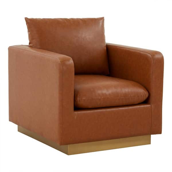 Leisuremod Nervo Modern Gold Frame Cognac Tan Leather Upholstered Accent Arm Chair With Removable cushions