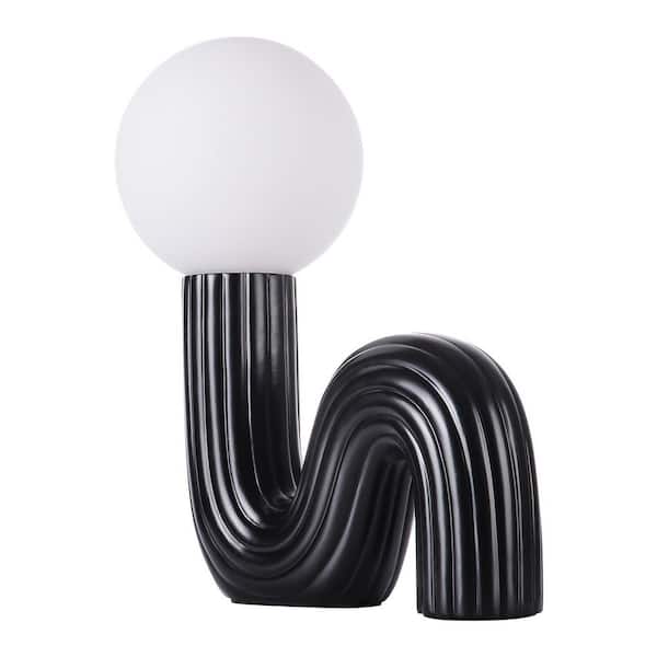 15 in. Black Curved Resin Table Lamp with Integrated LED and White Shade