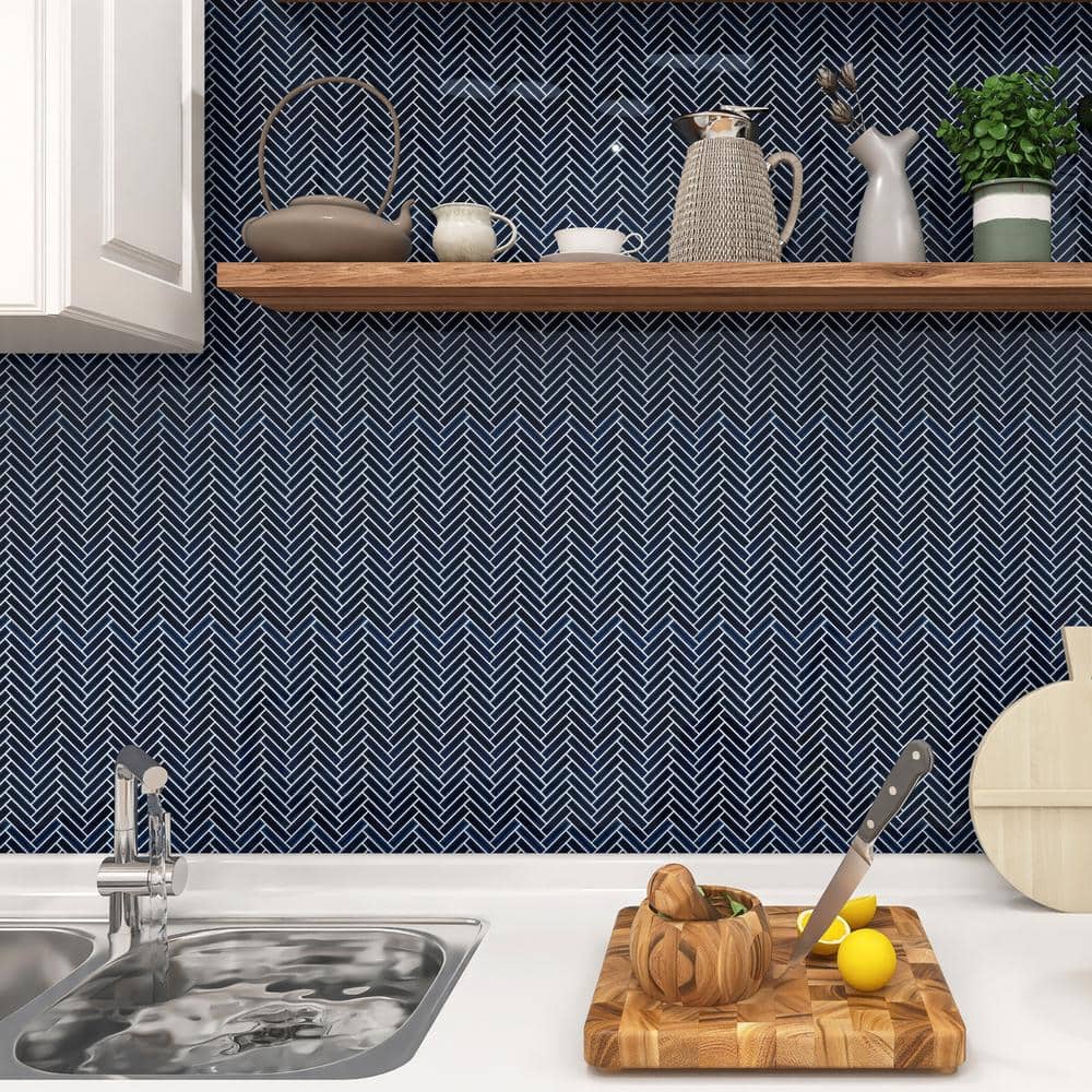 Royal Blue Glossy Porcelain Herringbone Mosaic Tile 11.14 in. x 11.14 in.