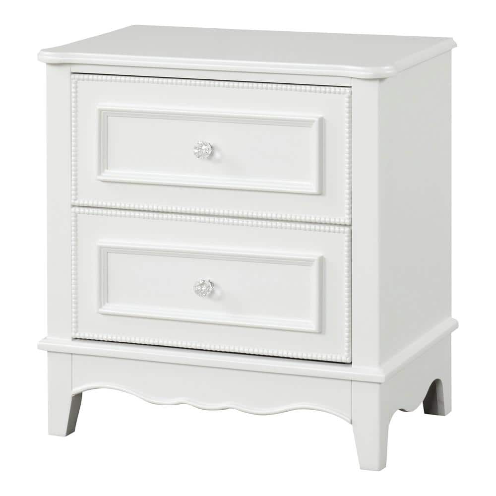 White Solid Wood 2-Drawer Nightstand with Acrylic Knobs