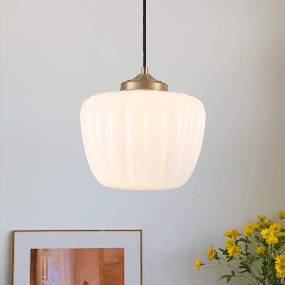 10.4 in. 1-Light Brass Gold Modern Hanging Pendant Light with Opal Textured Glass Shade for Kitchen Island price history on PriceWatchPro