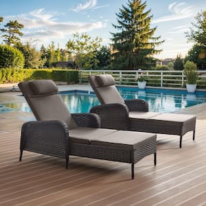 Brown Wicker Outdoor Folding Chaise Lounge Chair Fully Flat for Patio with CushionGuard Gray Seat Back Cushion