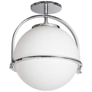 Paola 11.5 in. 1-Light Polished Chrome Transitional Semi-Flush Mount with White Glass Shade and No Bulbs Included