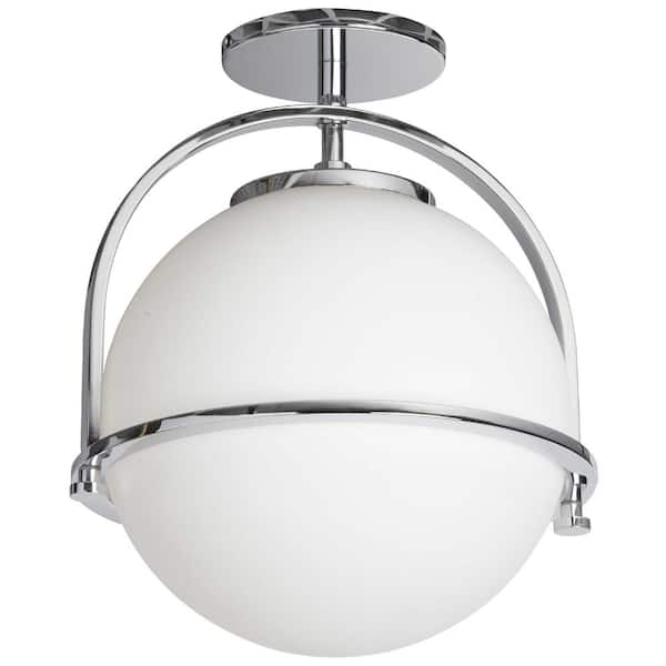 Dainolite Paola 11.5 in. 1-Light Polished Chrome Transitional Semi-Flush Mount with White Glass Shade and No Bulbs Included