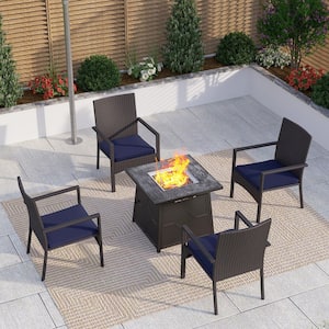 5-Piece TerrFab Top Patio Fire Pit Conversation Set with 4 Blue Cushioned Rattan Chair
