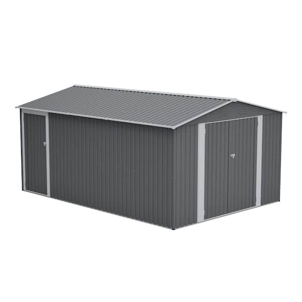 14 ft. W x 10 ft. D Metal Storage Shed with 3 Lockable Doors and Side Door for backyard garden in Gray (140 sq. ft. )