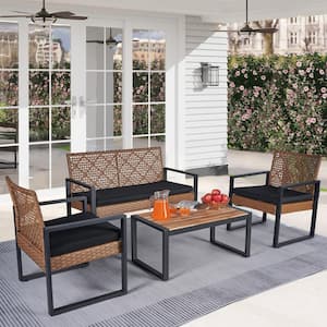 4-Piece Wicker Patio Furniture Set with Acacia Wood Tabletop and Black Cushion for Balcony Porch Garden Backyard