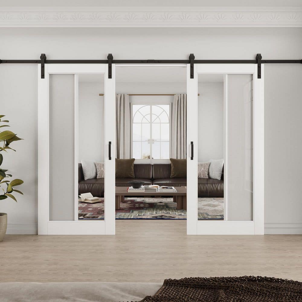 72 in. x 80 in. 1-Lite Tempered Clear Glass White Primed Solid Core MDF Sliding Barn Door with Hardware Kit price history on PriceWatchPro