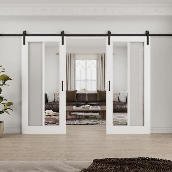 72 in. x 80 in. 1-Lite Tempered Clear Glass White Primed Solid Core MDF Sliding Barn Door with Hardware Kit