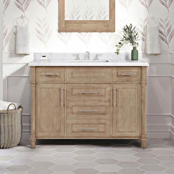 Aberdeen 48 in. Single Sink Antique Oak Bath Vanity with Carrara Marble Top (Assembled)