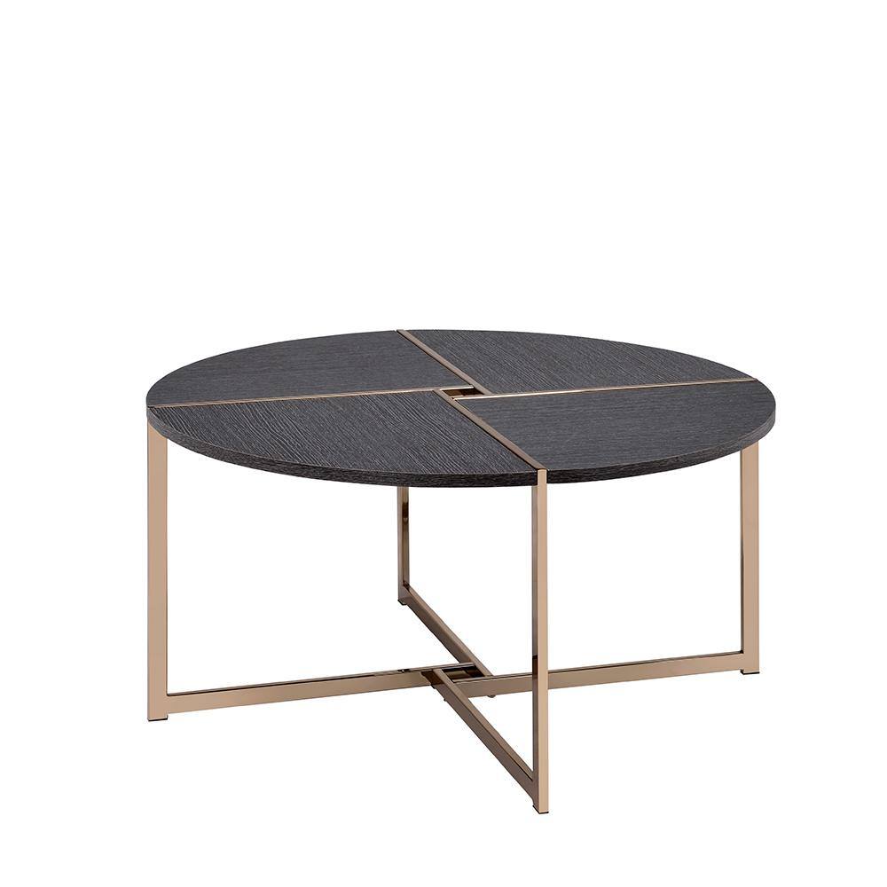 Bromia 26" Round Black Wood & Champagne Metal Coffee Table with Storage