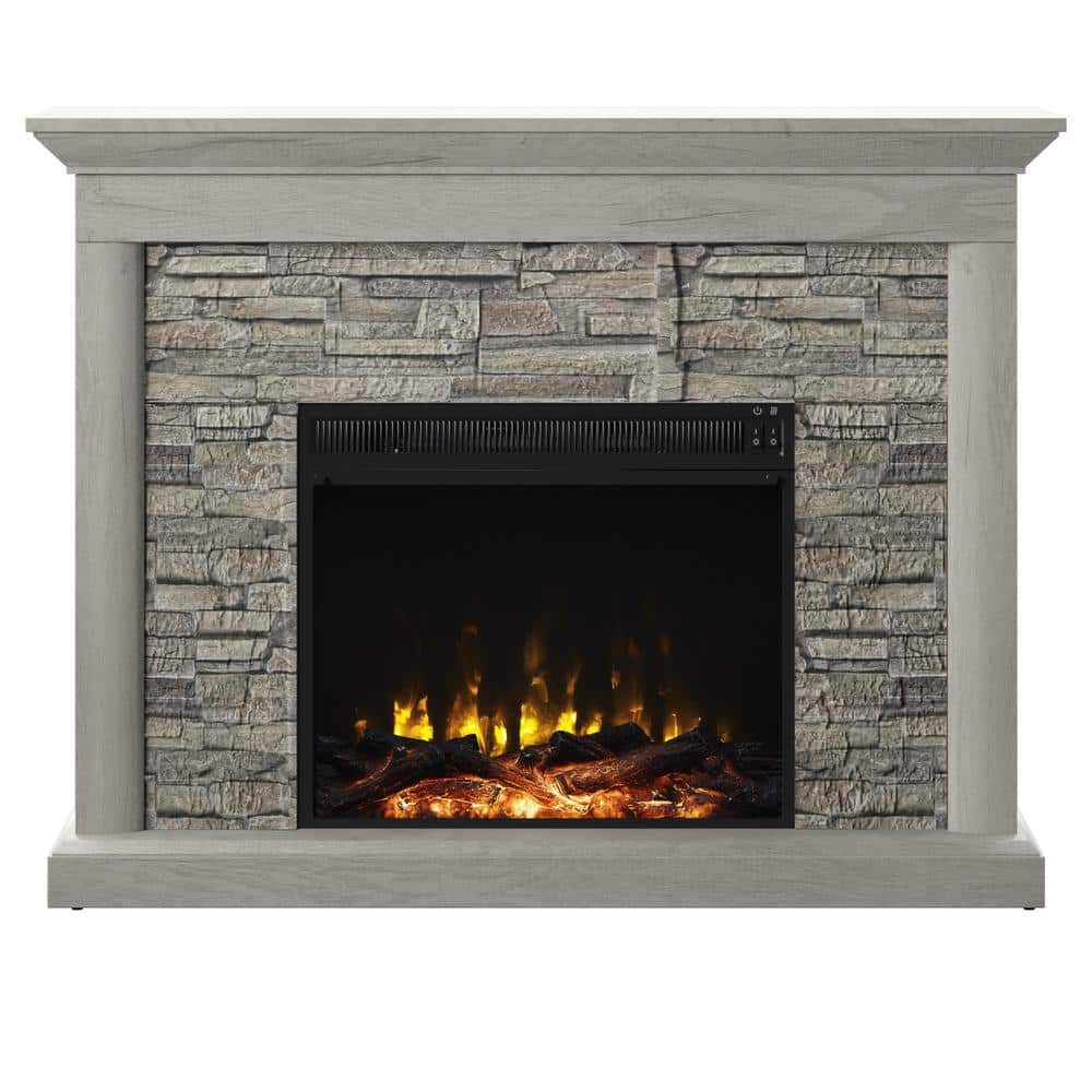 Rustic Wall Mantel Electric Fireplace with Stacked Stone Look