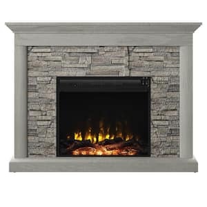 Rustic 47.38 in. Freestanding Wooden Wall Mantel Electric Fireplace with Stacked Stone Look in Fairfax Oak