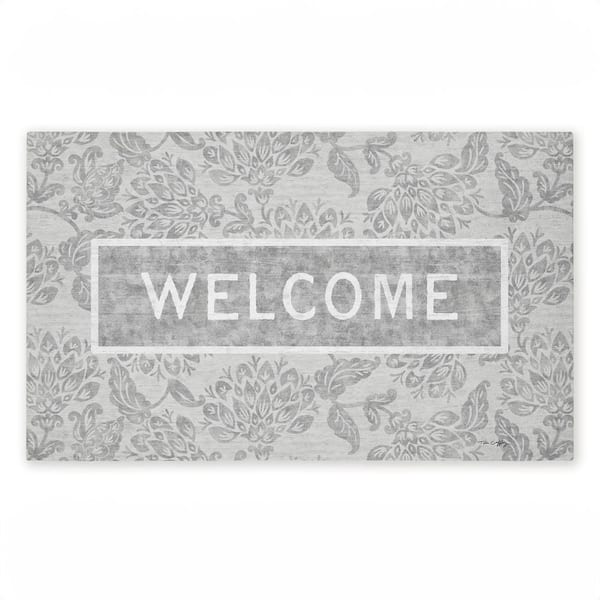 Distressed Ornate Florals Welcome Gray 18 in. x 30 in. Polyester Non-Slip Outdoor Door Mat