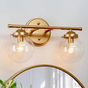 Modern Globe Bathroom Vanity Light 2-Light Gold Round Bedroom Wall Sconce Light with Seeded Glass Shades