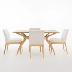 Kwame 5-Piece Light Beige Fabric and Natural Oak Dining Set