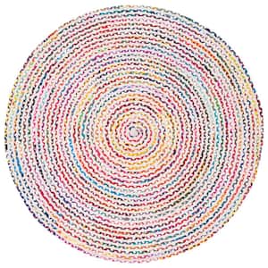 Braided Ivory Multi 6 ft. x 6 ft. Border Striped Round Area Rug