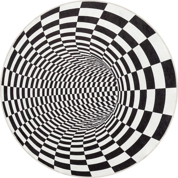 Apollo Vortex Modern Optical Illusion Black Ivory 6 ft. 7 in. Round Area Rug