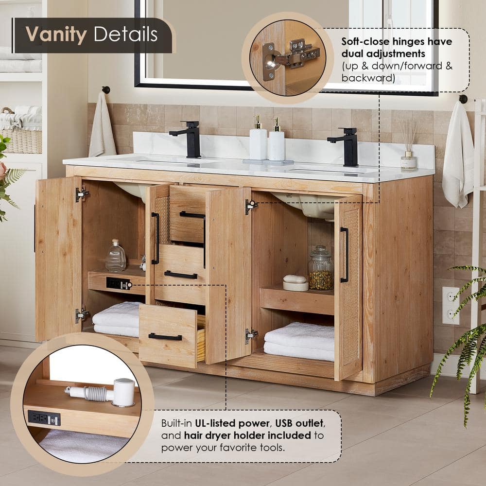 Floral 60" Light Brown Fir Wood Double Vanity with Calacatta Quartz Top