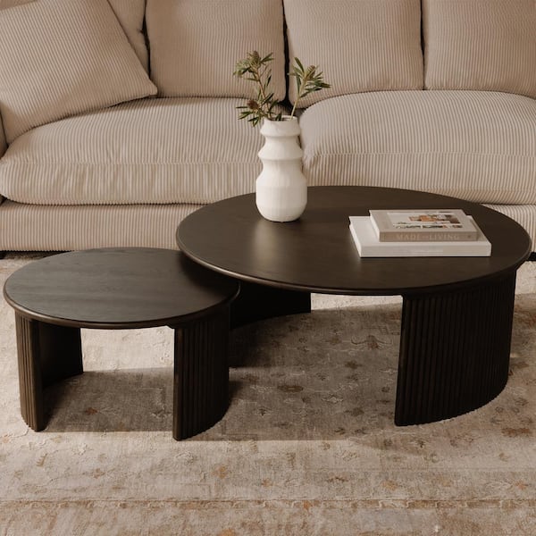 Pence 24 in. Small Dark Brown Oval Solid Wood Coffee Table with Oak Veneer Base