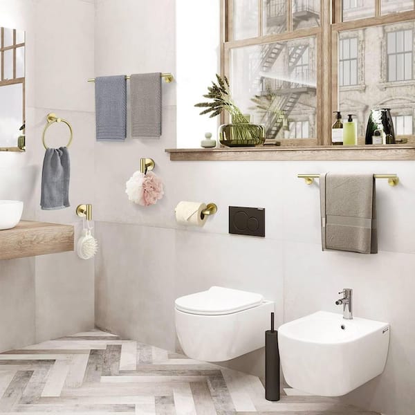 6-Piece Wall Mount Stainless Steel Bathroom Towel Rack Set in Brushed Gold