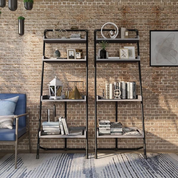 Kasia 71 in. H Vintage Gray MDF 4-Shelf Leaning Accent Bookcase With Leveling Feet