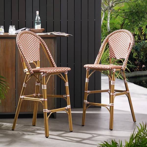 29.5" Rust Red and White PE Rattan French Style Aluminum Frame with Bamboo Finish Outdoor Bar Stool (2-Pack)