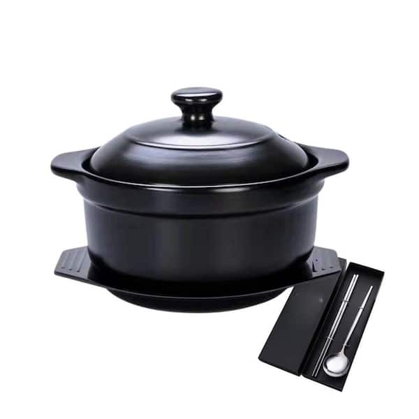 1-Piece Black Ceramic Clay Pot with Lid and Trivet, Acid-Resistant Glaze, Oven and Stove Safe, Cooking Set