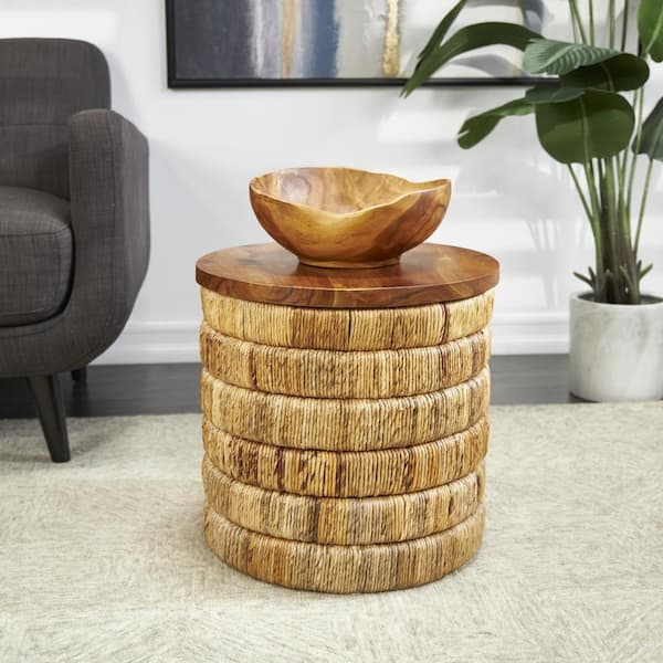Litton Lane 18 in. Brown Handmade Linear Wrapped Medium Round Wood Coffee Table with Teak Wood Top