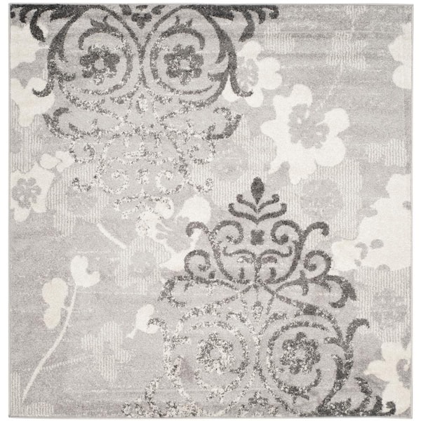 Adirondack Silver/Ivory 10 ft. x 10 ft. Floral Damask Square Area Rug