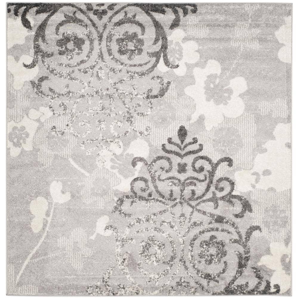Silver and Ivory Floral Damask Square Area Rug, 12' x 12'