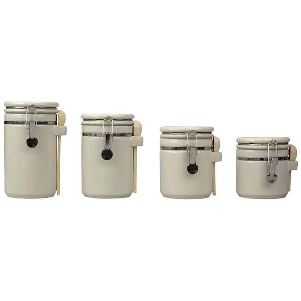 Home Basics 4-Piece Ceramic Canister Set with Beige Easy Open Air-Tight Clamp Top Lid and Wooden Spoons