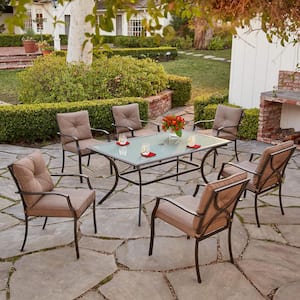 Palm Bay 7-Piece Steel Outdoor Dining Set with Copper Brown Cushions, 6 Chairs and 38 in. x 60 in. Glass Top Table