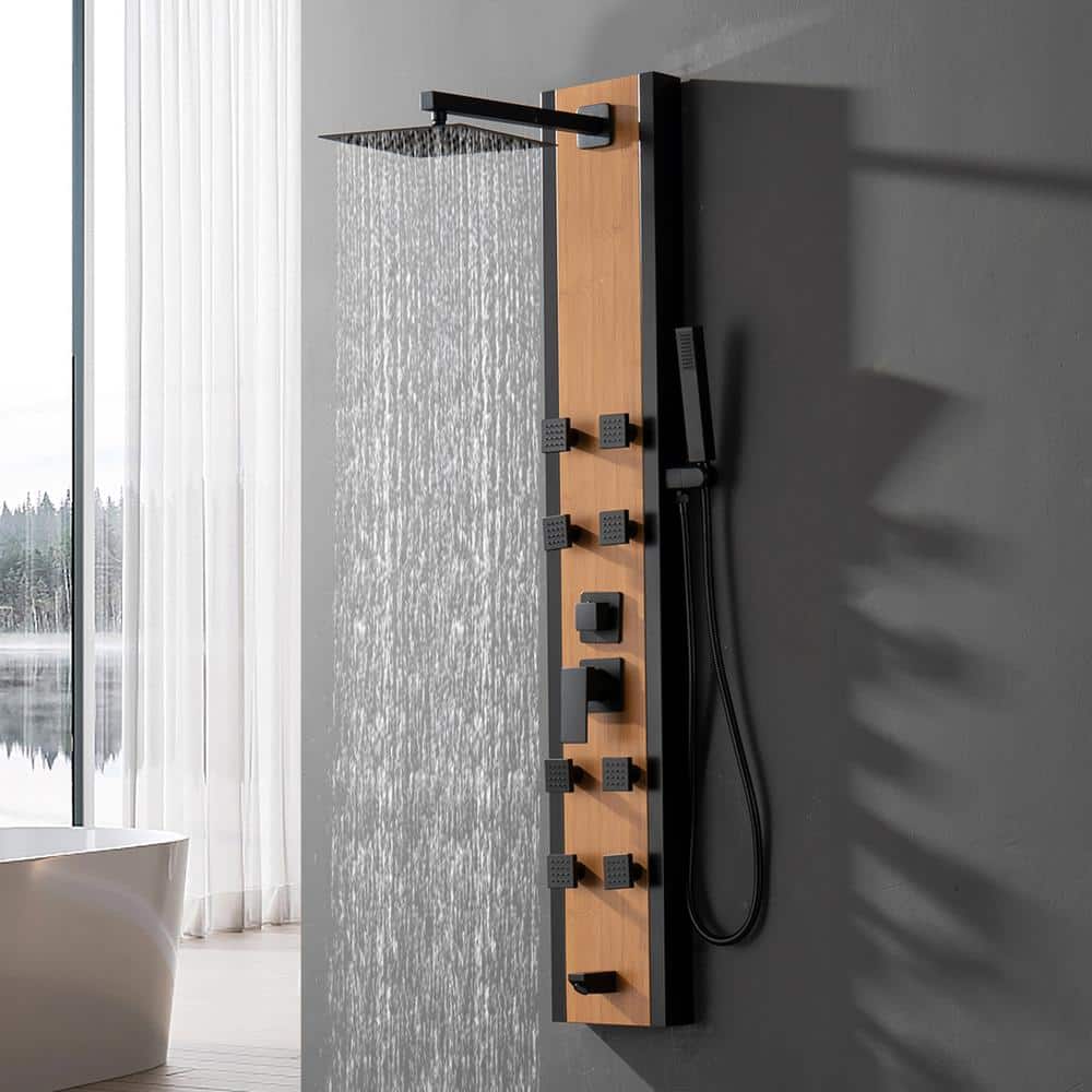 57'' Black and Bamboo Shower Panel System with Body Jets