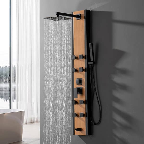 8-Jet Rainfall Shower Panel System with Rainfall Waterfall Shower Head and Shower Wand in Black Bamboo