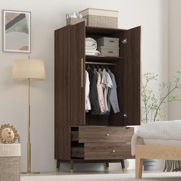 Brown 2-Drawers Kids Armoires Wardrobe With Hanging Rods, Drawers, Shelves (19.1 in. D x 31.5 in. W x 71.1 in. H)