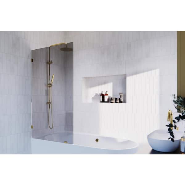 Glass Warehouse Ursa 34 in. W x 58.25 in. H Single Fixed Panel Frameless Bathtub Door in Polished Brass with Bronze Tinted Glass