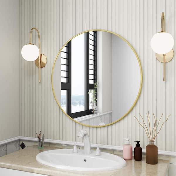 XRAMFY 18 in. W. x 18 in. H Round Gold Aluminum Alloy Framed Wall Mirror