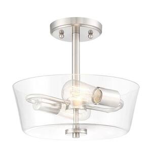 12 in. 2-Light Brushed Nickel Round Semi-Flush Mount, Modern Ceiling Light with Clear Glass Drum Shade