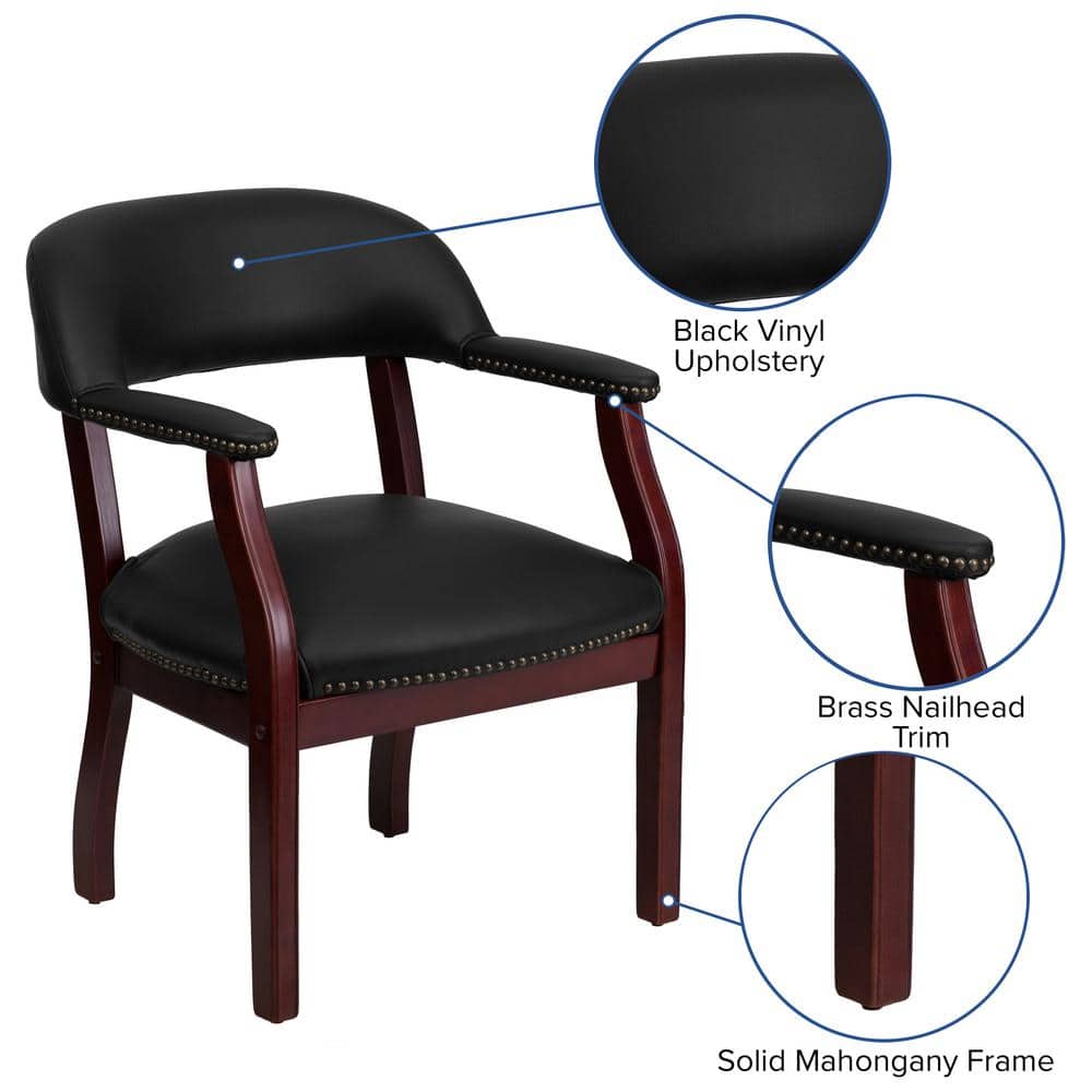 Elegant Black Vinyl and Wood Office Chair with Brass Nail Trim