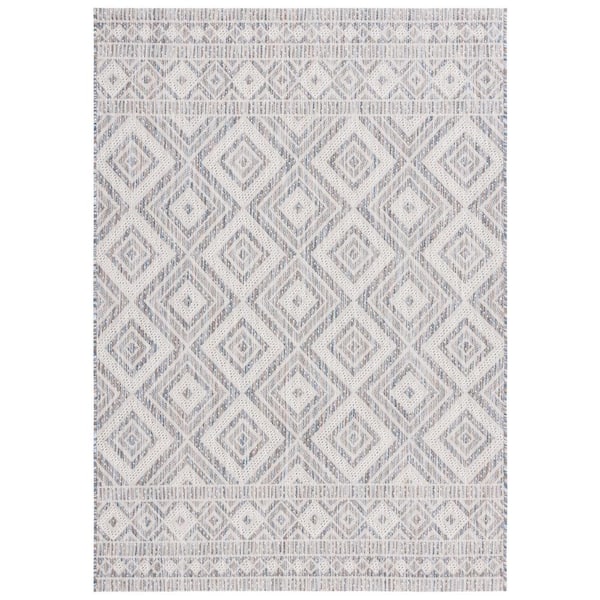 SAFAVIEH Courtyard Ivory Blue/Beige 8 ft. x 10 ft. Border Diamond Indoor/Outdoor Area Rug