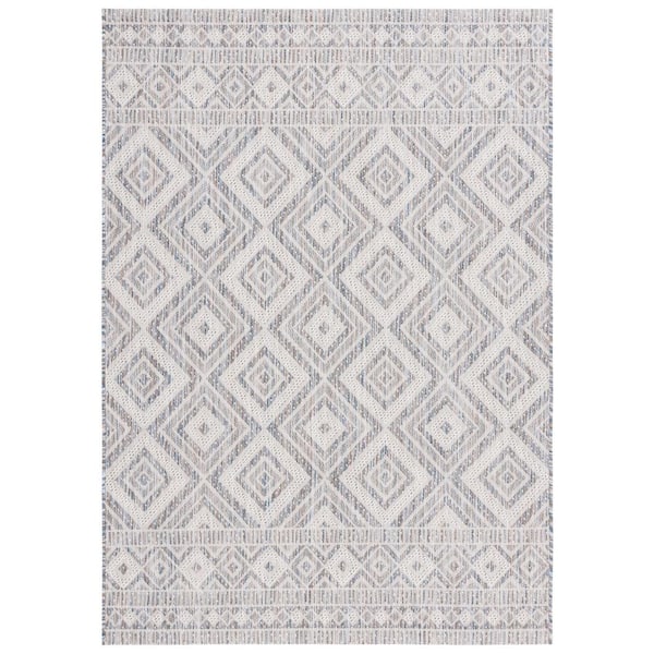 SAFAVIEH Courtyard Ivory Blue/Beige 9 ft. x 12 ft. Border Diamond Indoor/Outdoor Area Rug