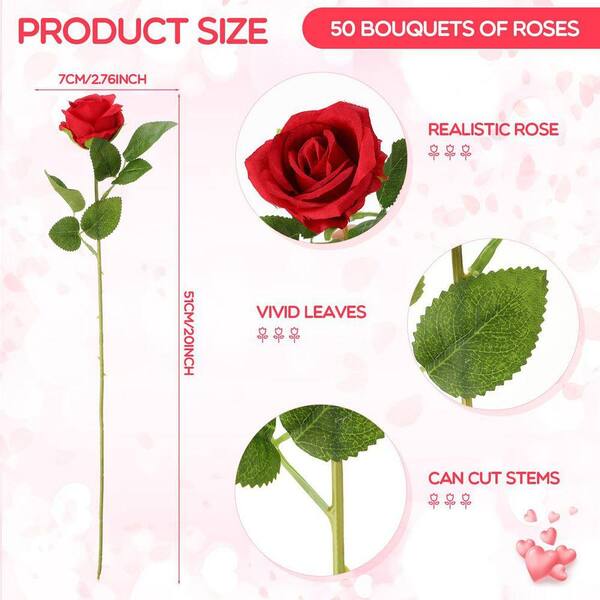 20 in. Red Outdoor Artificial Rose Plastic Flower for Home 50