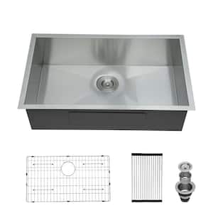 30 in. Undermount Single Bowl 18 Gauge Brushed Nickel Steel Kitchen Sink with Drying Rack and Bottom Grid