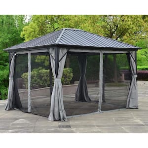 12 ft. x 10 ft. Black Aluminum Hardtop Gazebo with Mosquito Net and Curtain