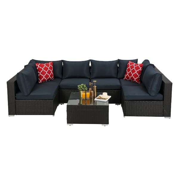 SunFurnn Dark Coffee 7-Piece PE Rattan Wicker Sectional Sofa Sets with Dark Blue Cushion