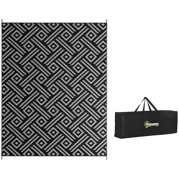 Otryad Reversible Outdoor Rug 9' x 12' Waterproof Plastic Straw Floor Mat Portable RV Camping Carpet in Black & Gray Geometric
