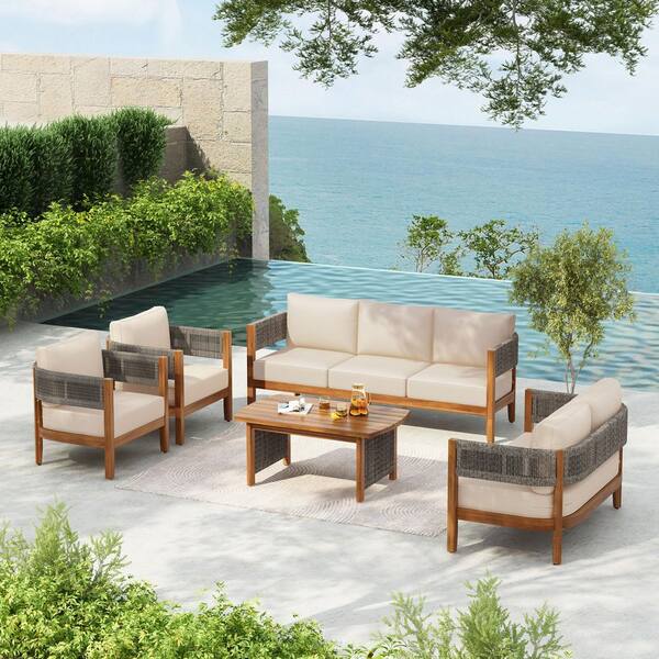 Tina 5-Piece Rope Weave and Solid Wood Outdoor Patio Conversation Set with Beige Cushions, Curved Back, Teak Finish