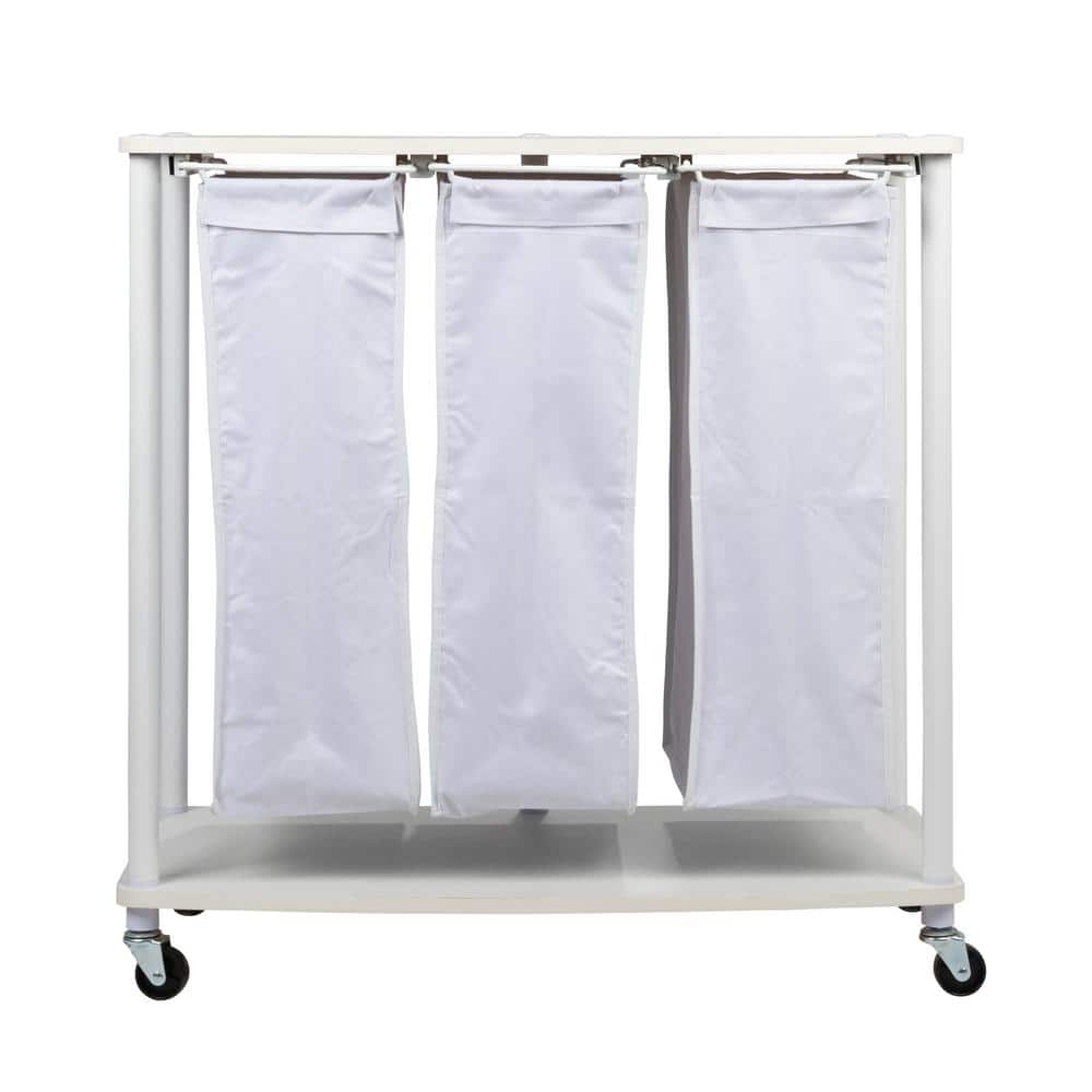 White Steel Frame Collapsible 3-Bag Laundry Sorter with Wheels